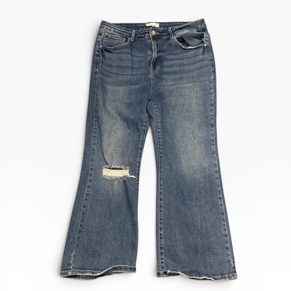 Risen Los Angeles‎ Size 2XL Distressed Flare Jeans Medium Wash Raw Hem High Rise